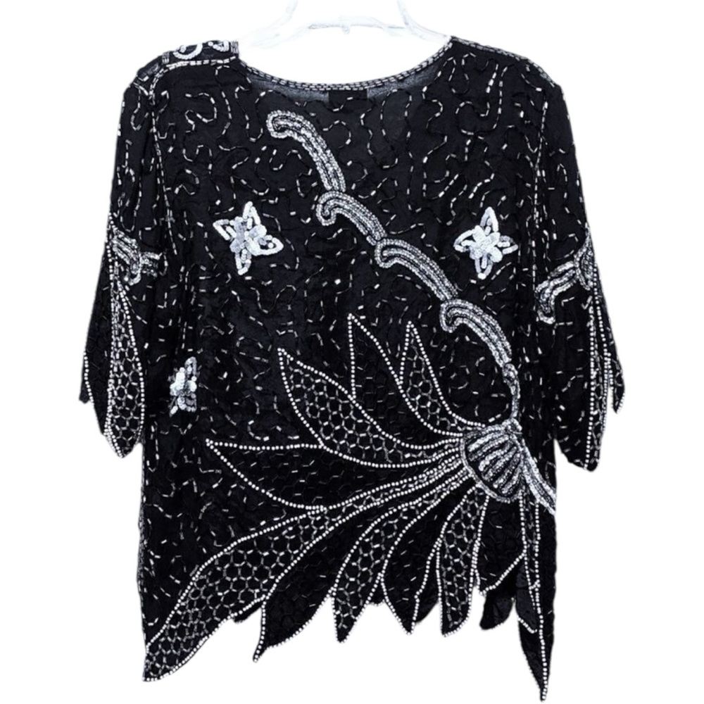 VINTAGE Linsiano Sequin Bead Shark Bite Hem Top L - Picture 6 of 9